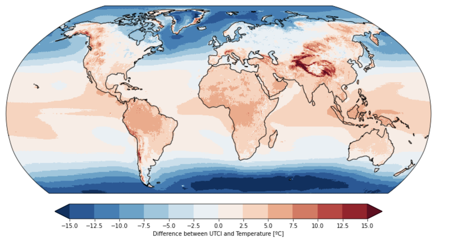 Differences between the annual averages of the daily maximum values of UTCI and air temperature all around the Earth